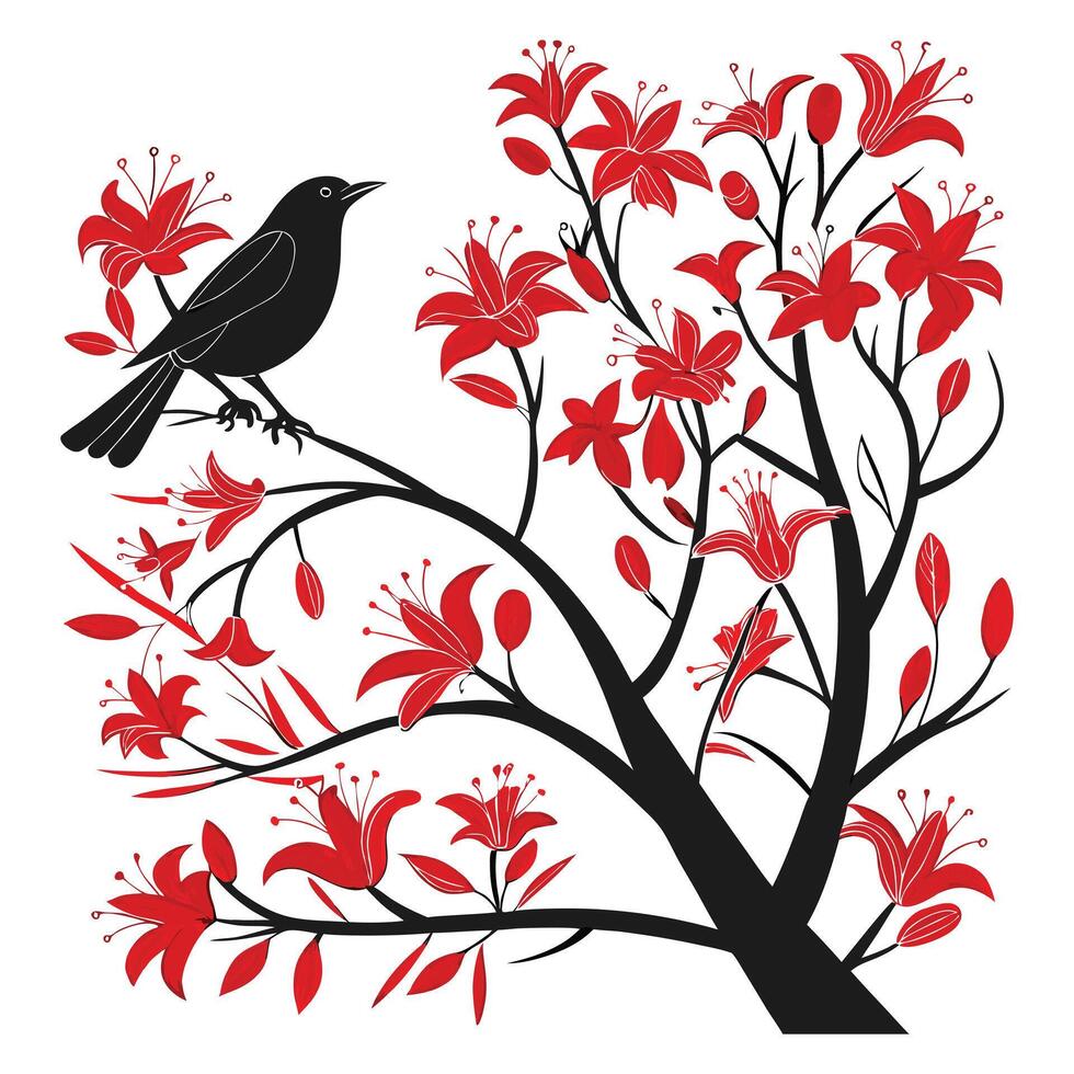 bird on tree with red flowers. vector
