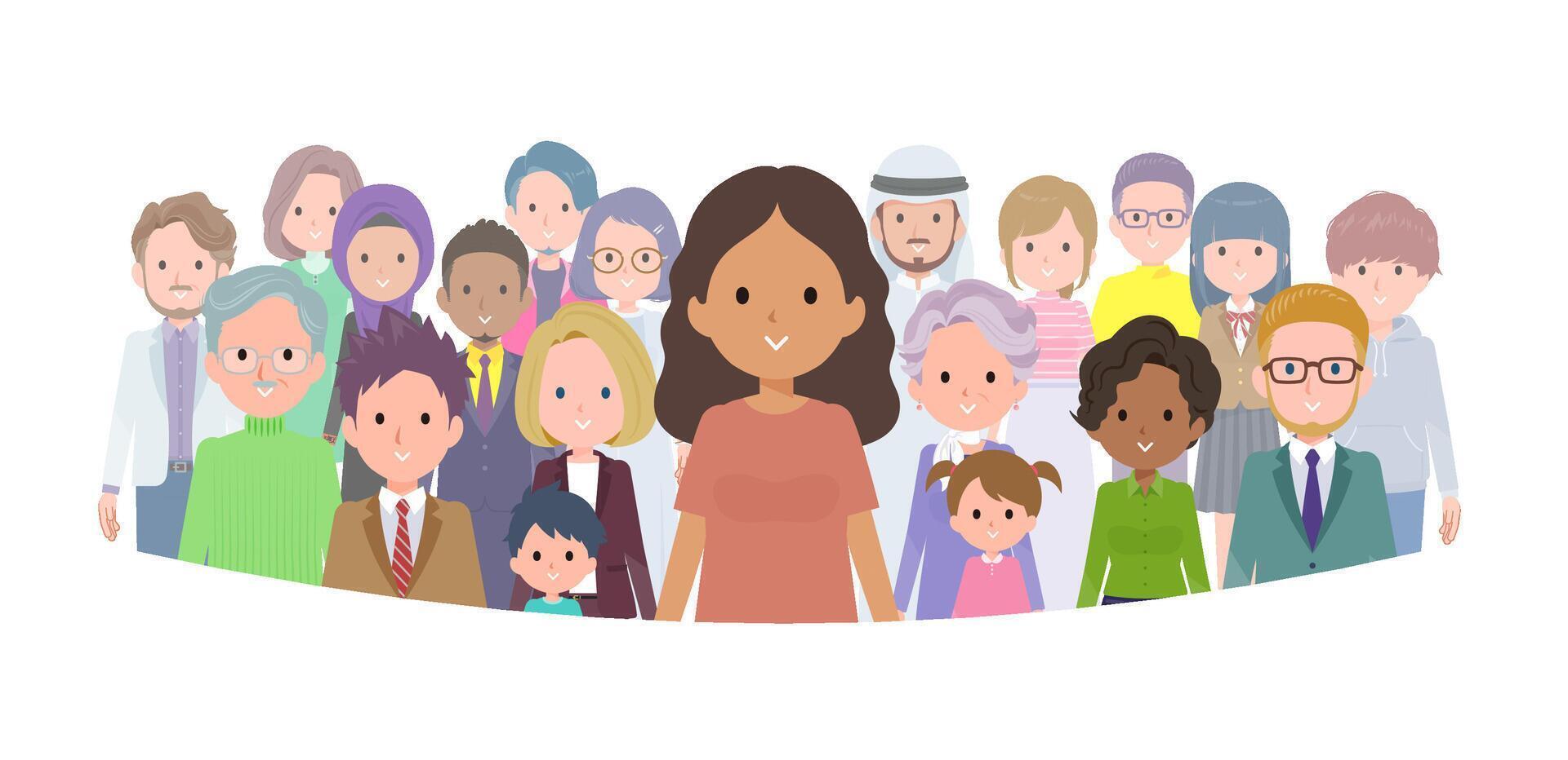 A set of tan skin women standing in front of a large number people vector
