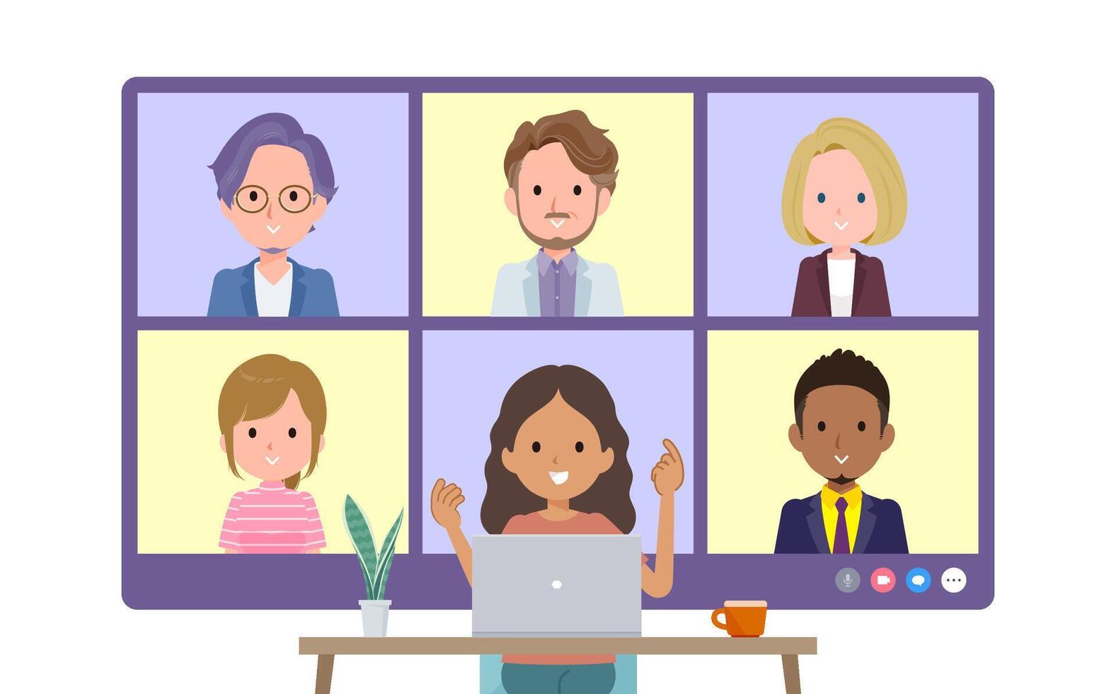 A set of tan skin women having an online meeting with multiple people. Front angle vector