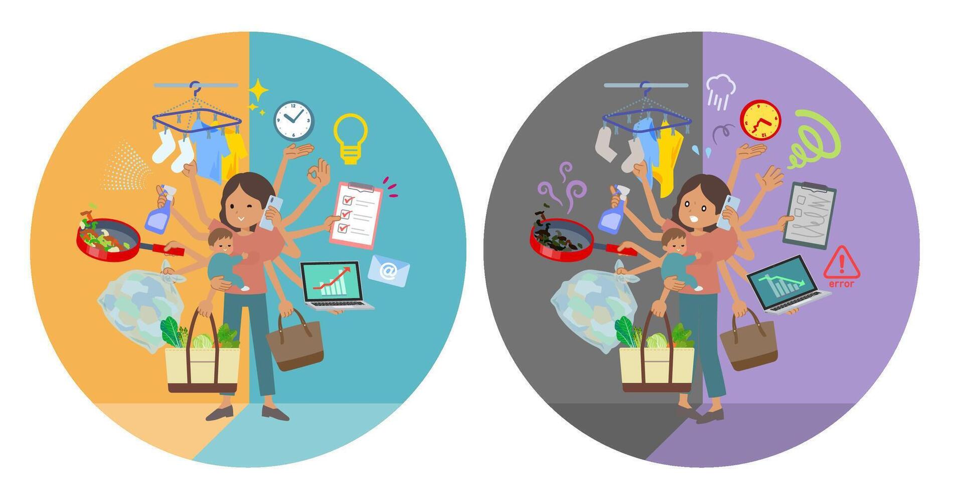 A set of tan skin women who perform multitasking in offices and private vector