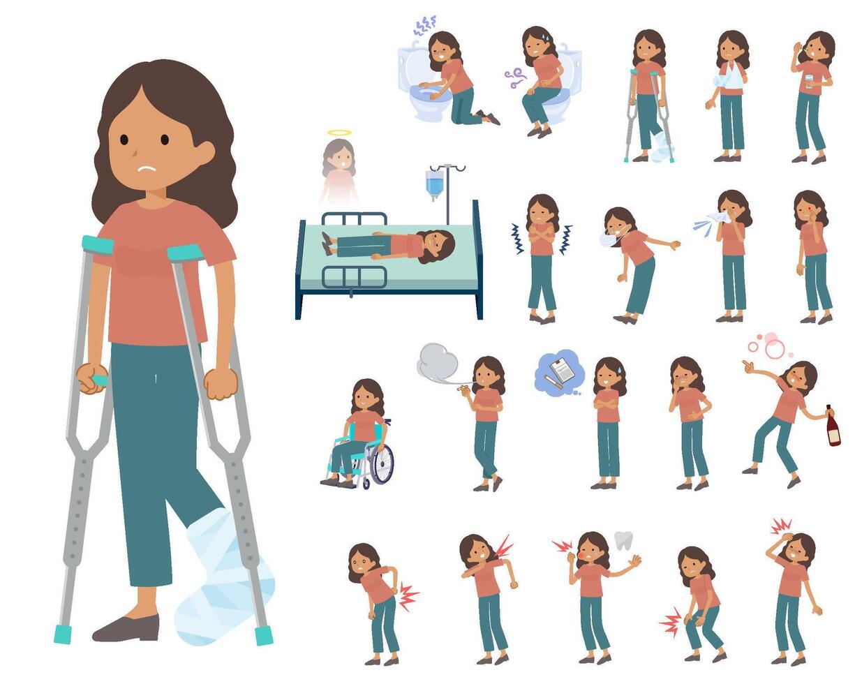 A set of tan skin women with injury and illness vector