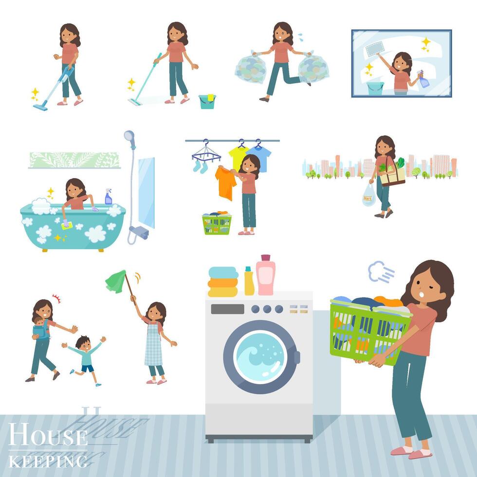 A set of tan skin women related to housekeeping such as cleaning and laundry vector