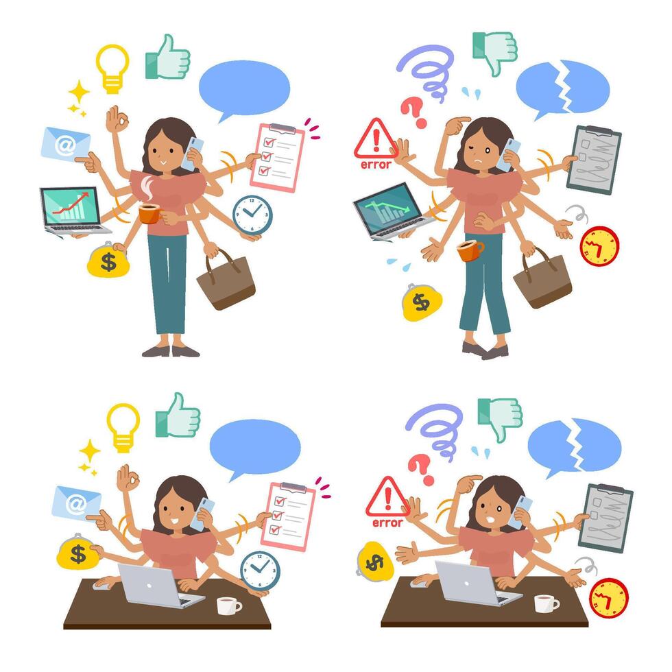 A set of tan skin women who perform multitasking in the office vector