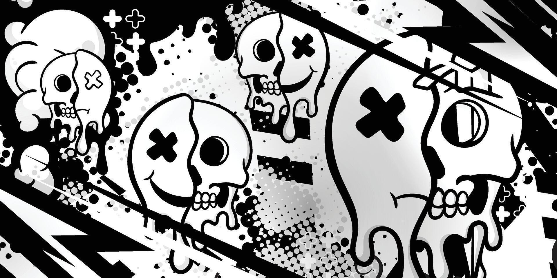 Black and white abstract background with cartoon skull object vector