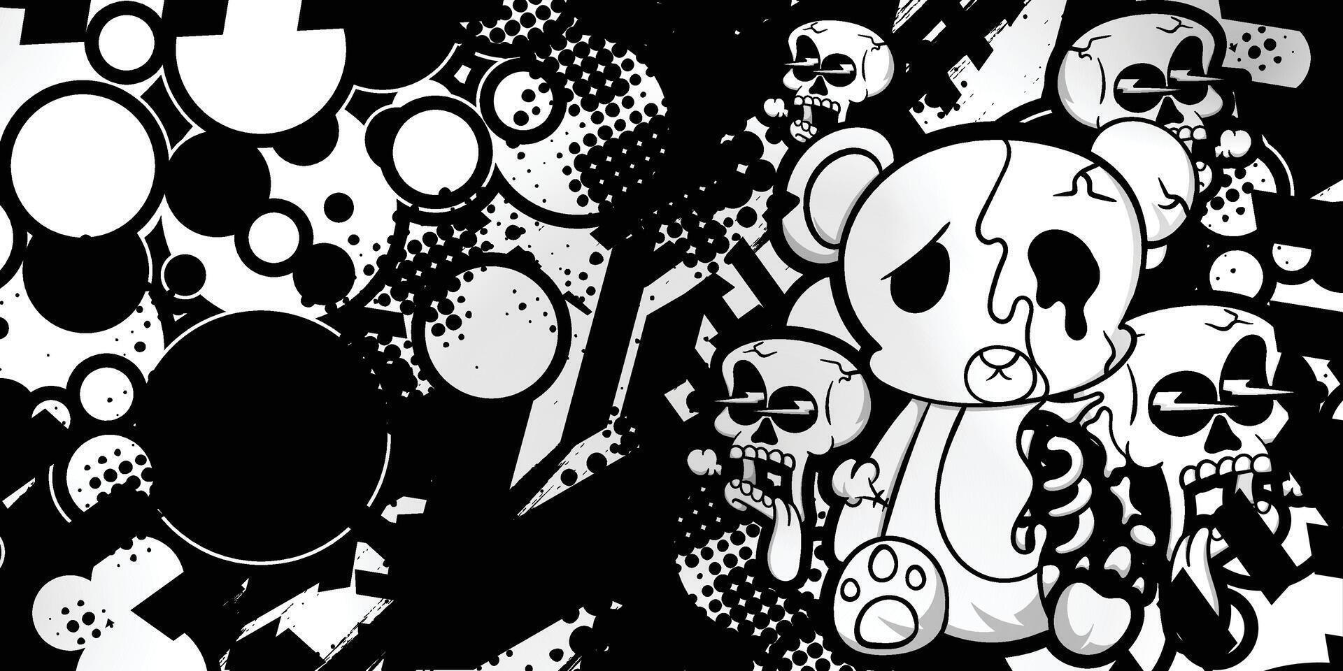 Black and white abstract background with teddy bear and skull objects vector