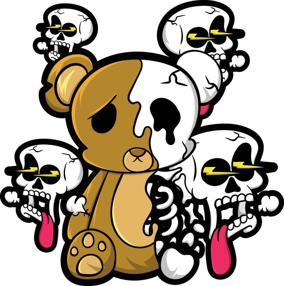 Cartoon illustration of a teddy bear and skull in graffiti style vector