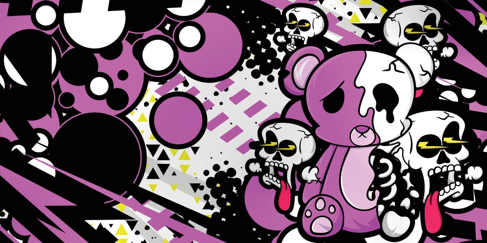 Pink abstract background with teddy bear and skull objects vector
