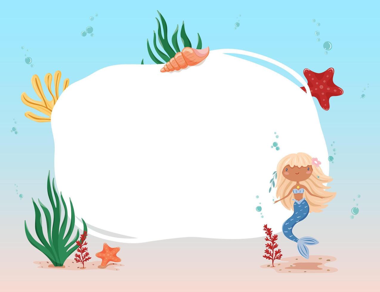 frame with blonde mermaid and underwater plants vector