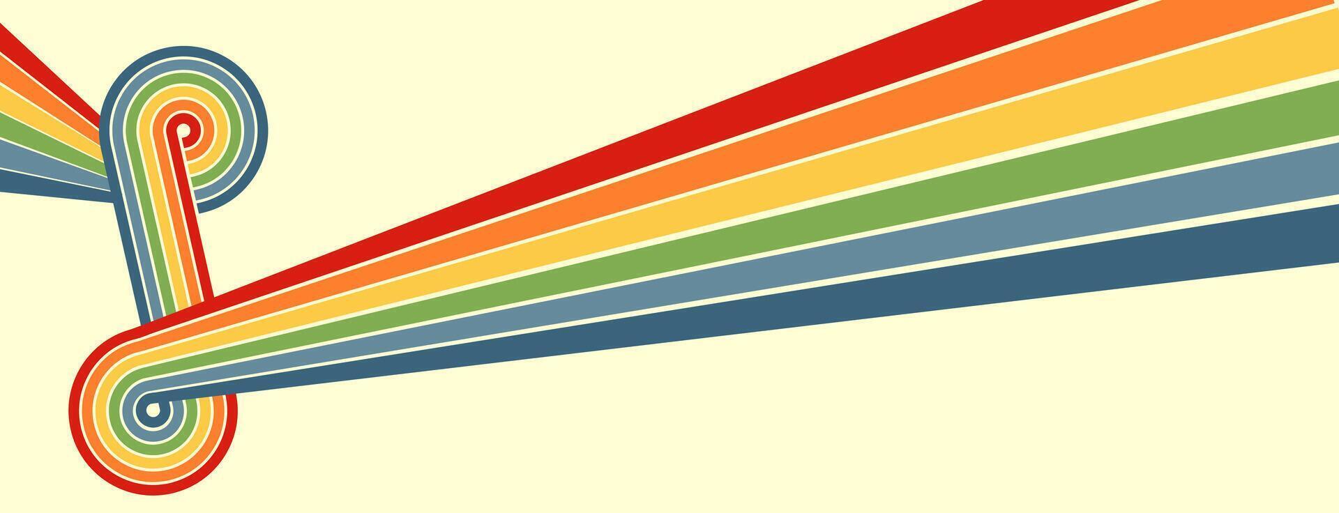 Abstract background 70s retro perspective lines background. Vintage colorful stripes banner, backdrop. vector