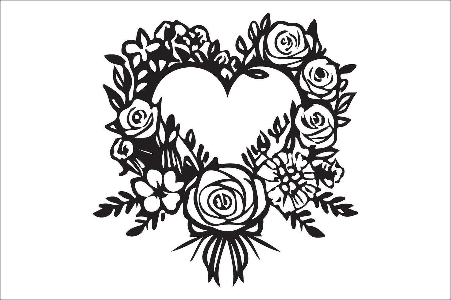 A black and white drawing of a heart with roses vector