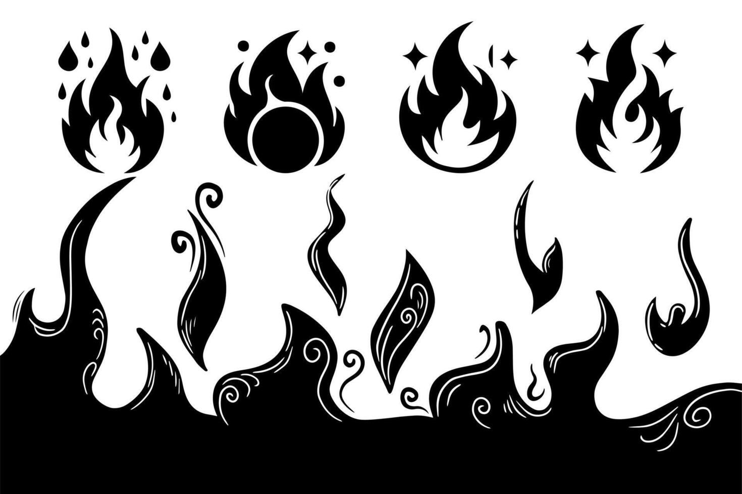 Black fire doodle set on white background vector
