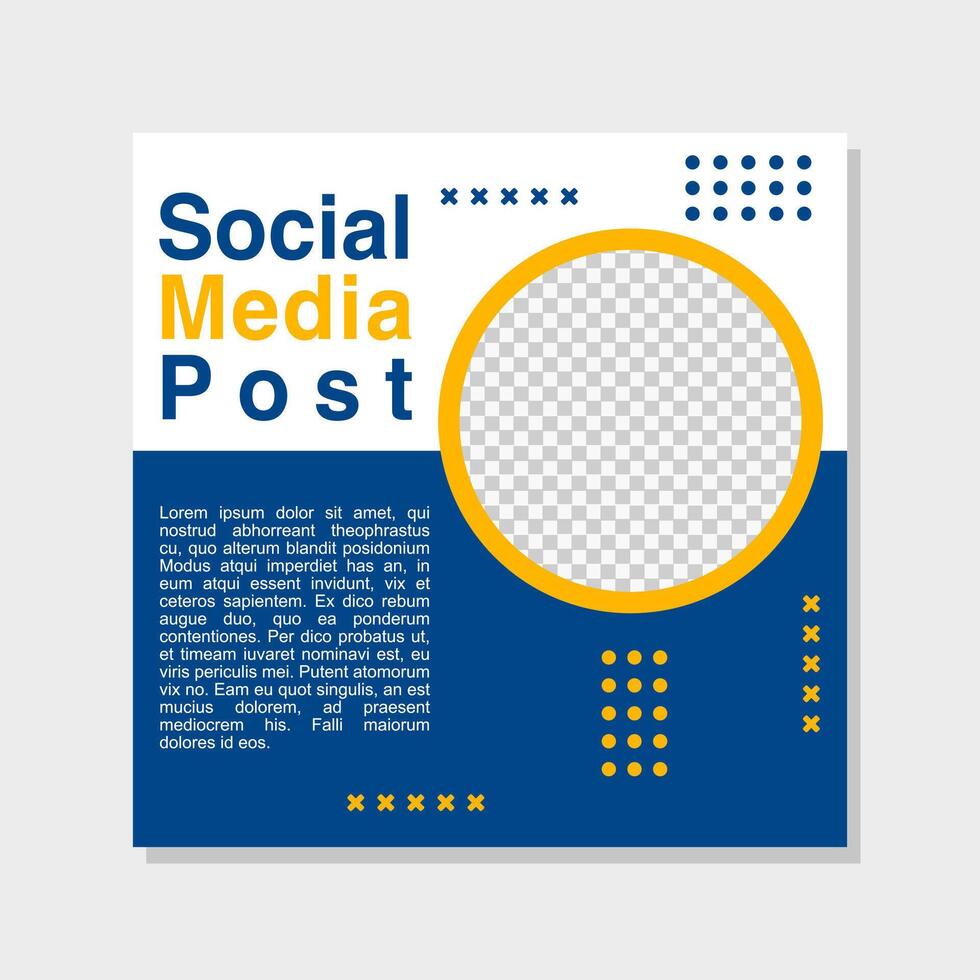 Business promotion through a social media post template with blue and yellow accents. vector