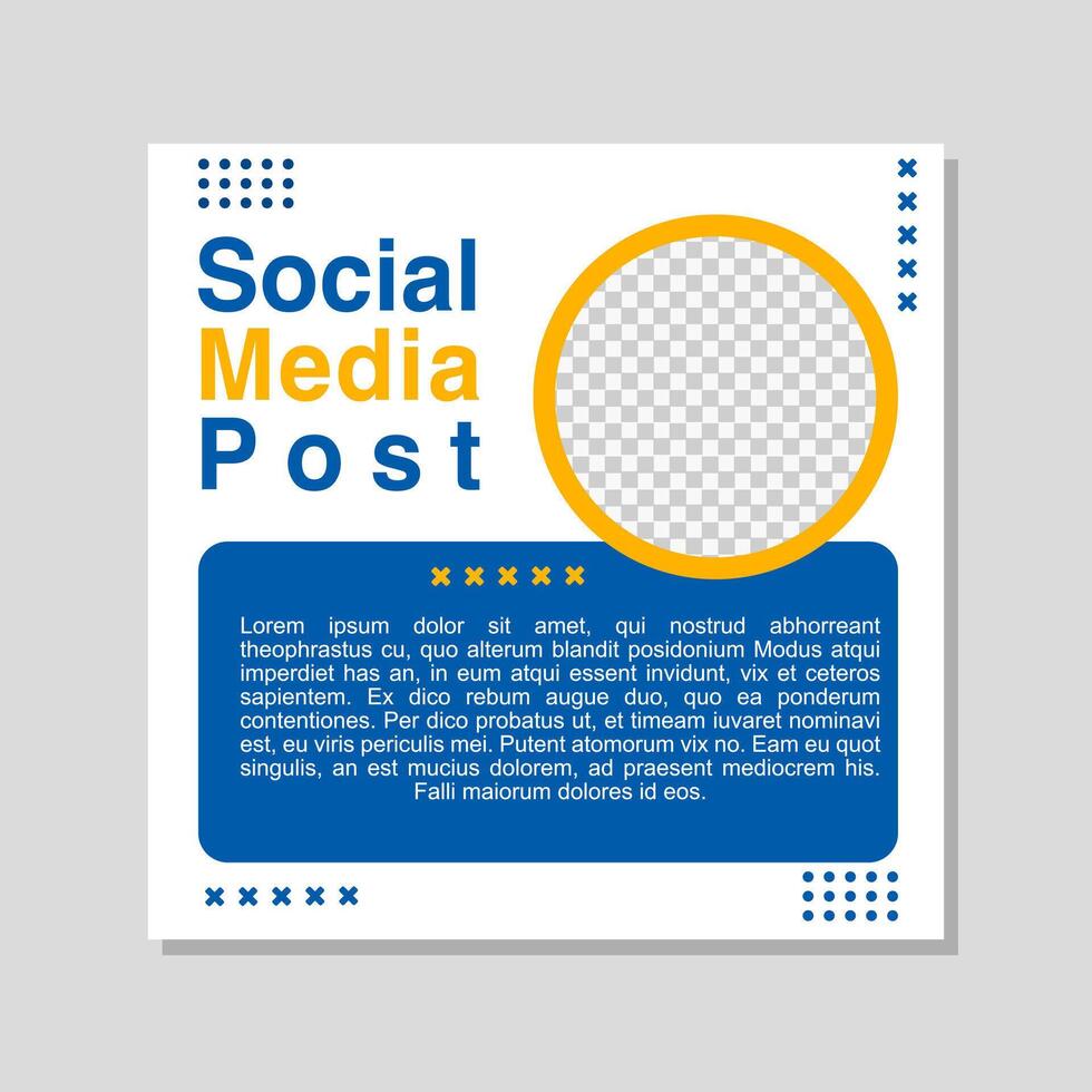 Business promotion with a social media post template featuring blue and yellow accents. vector