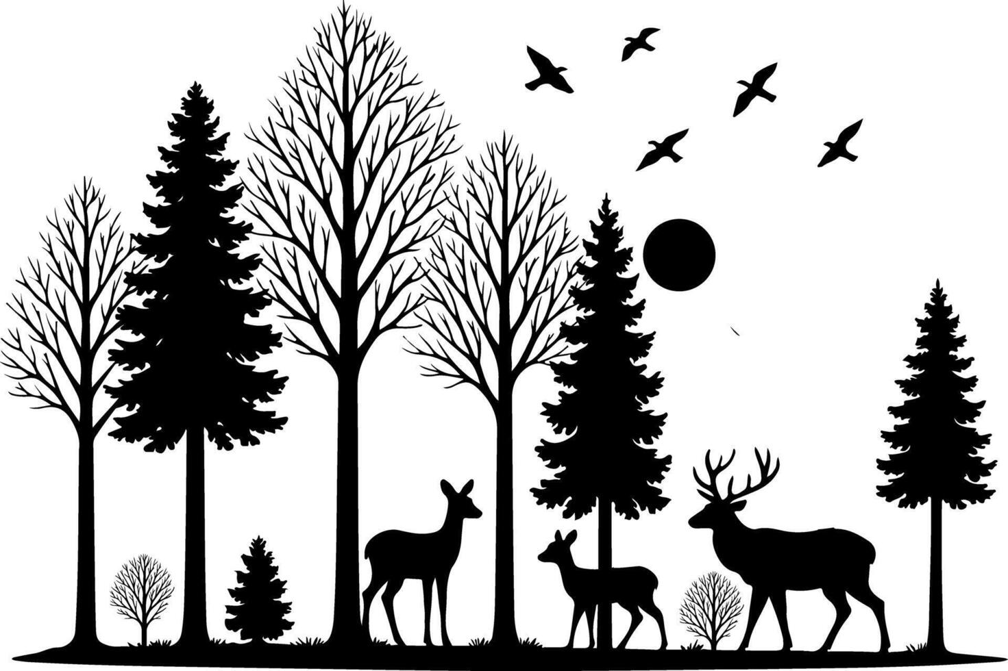 Scenic forest wildlife print with peaceful deer and flying birds in detailed silhouette style vector