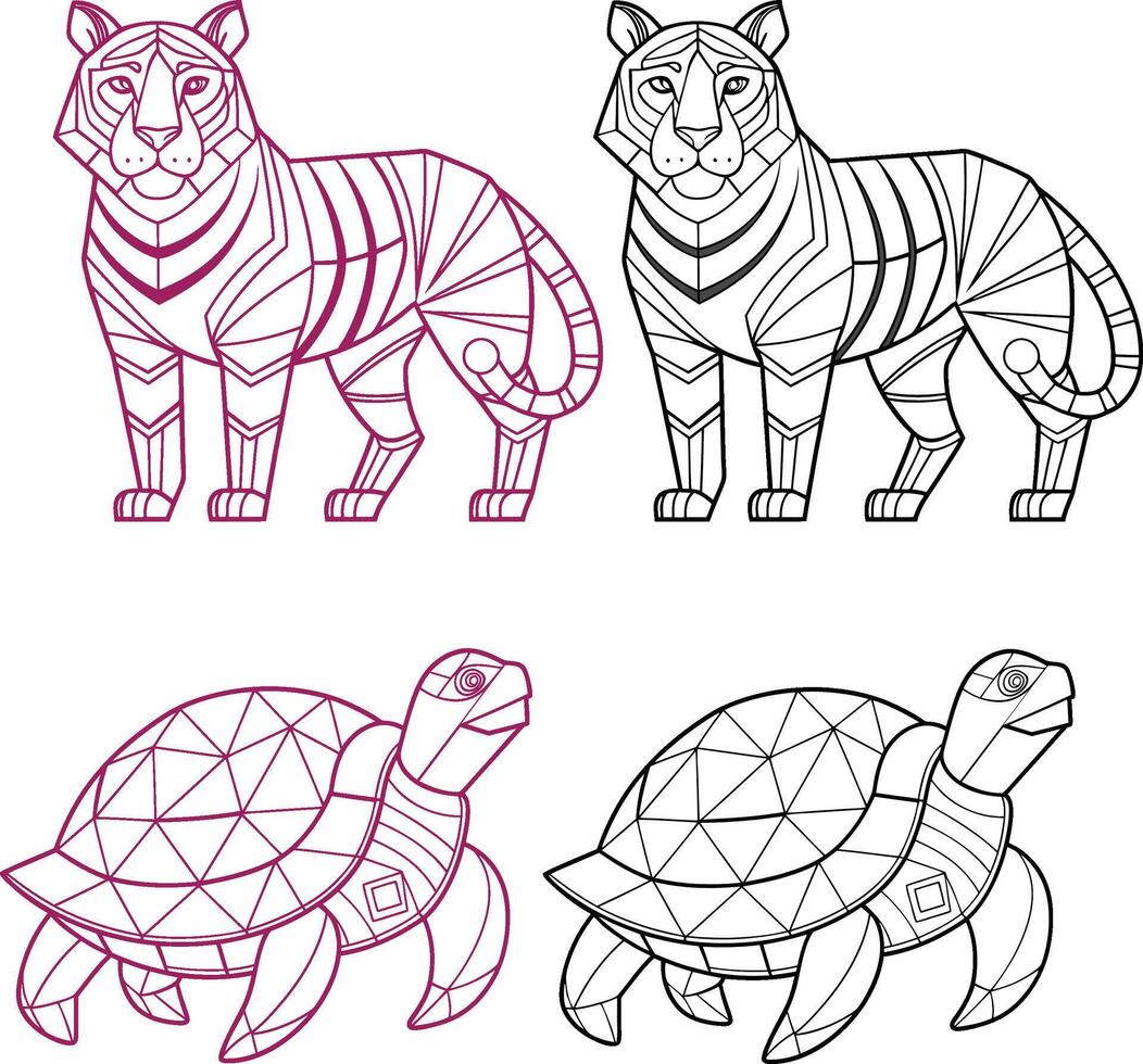 funny turtle cartoon animal lineart and colouring page illustration tiger vector