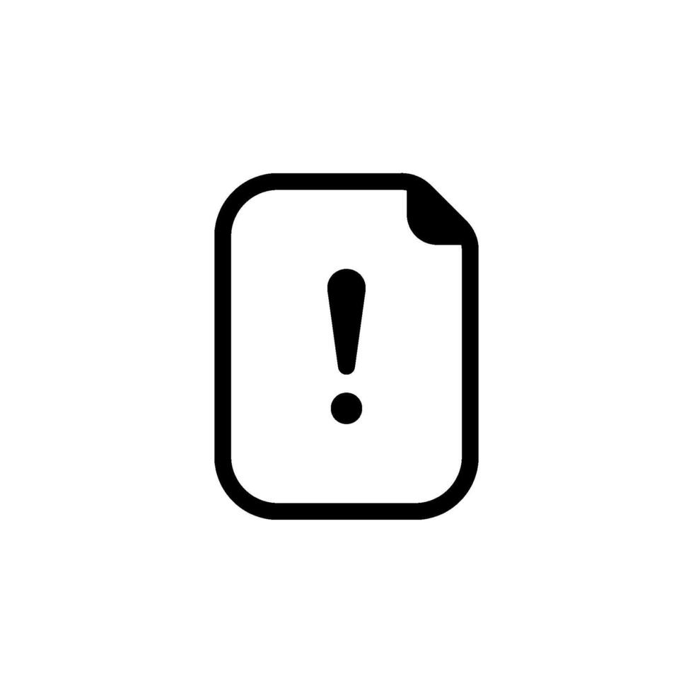 exclamation point on a document or page icon. Represents warning, error, problem, or urgent information. vector
