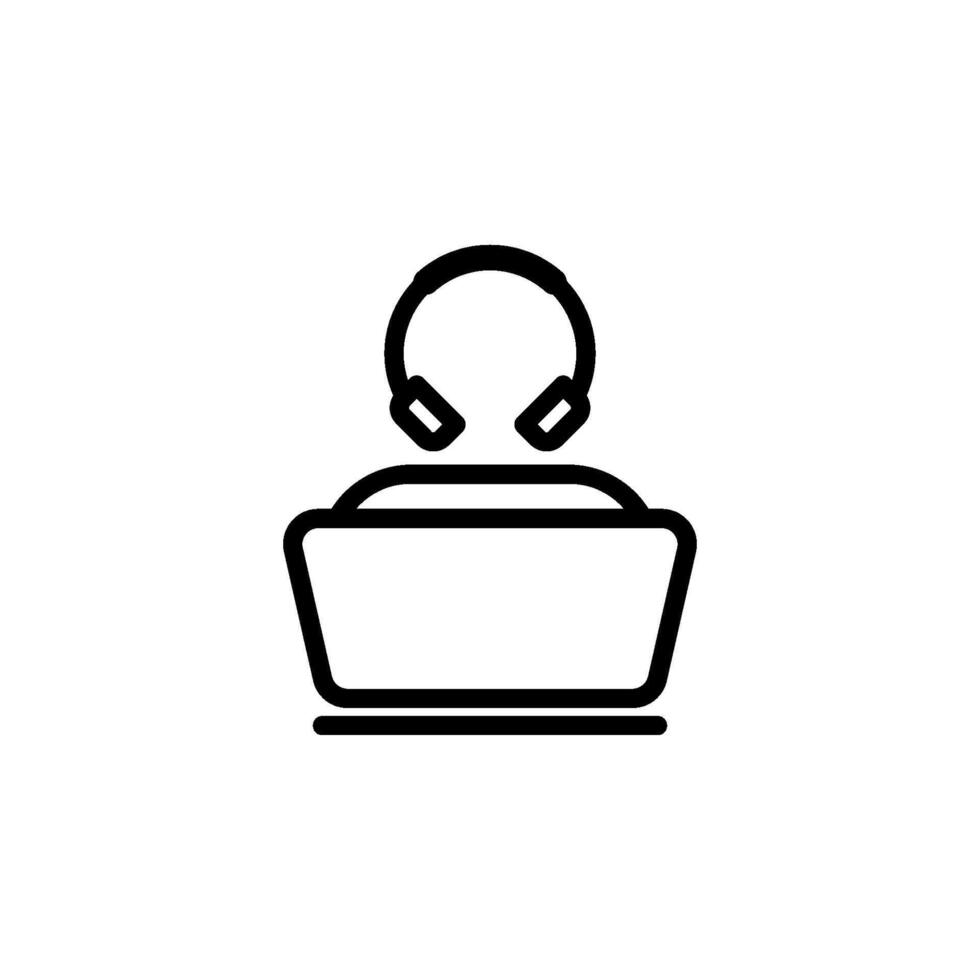 Person wearing headphones in front of laptop icon. Represents online support, customer service, call center, or remote work vector