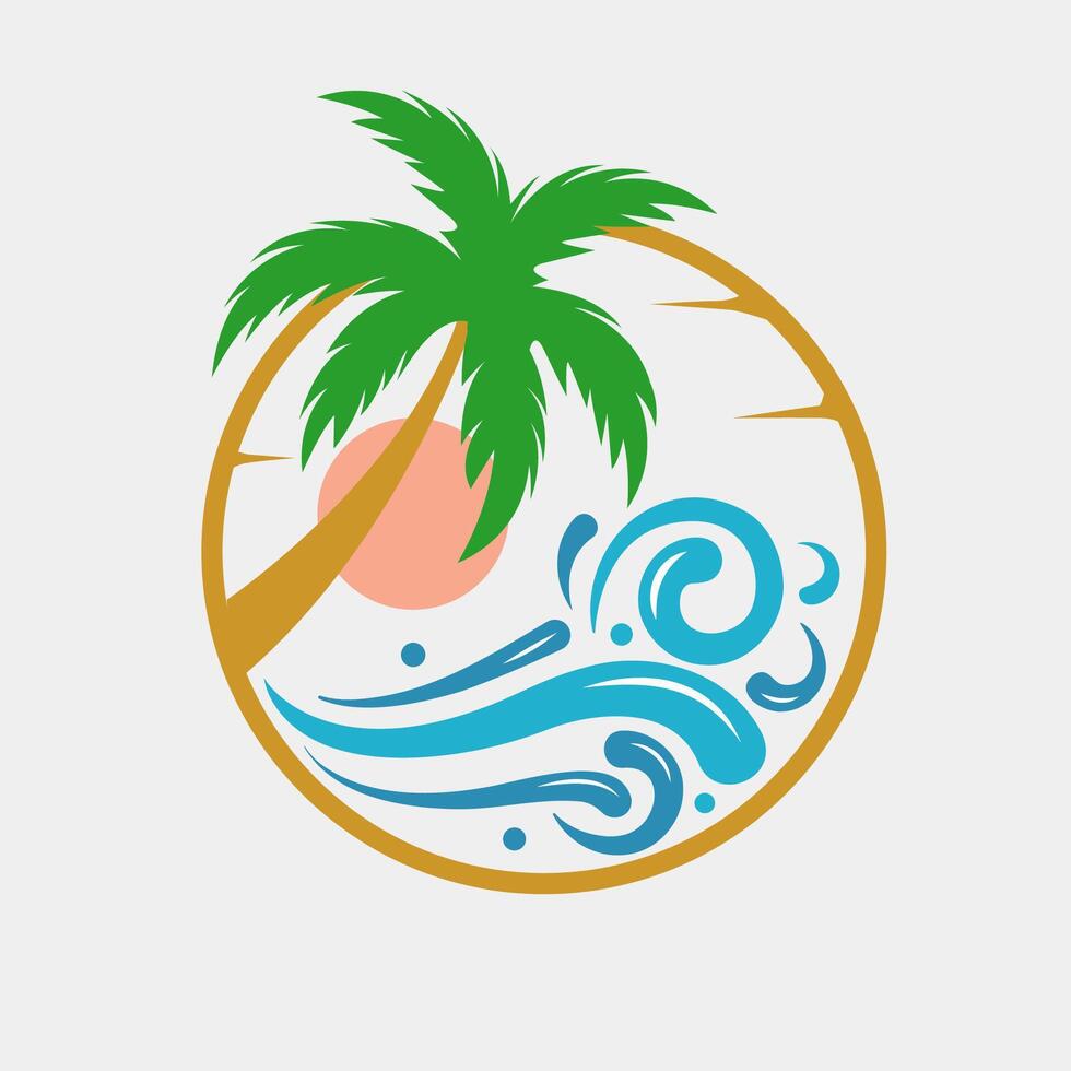 Tropical Sunset Logo Beach Vibes with Palm Tree and Waves Icon illustration vector