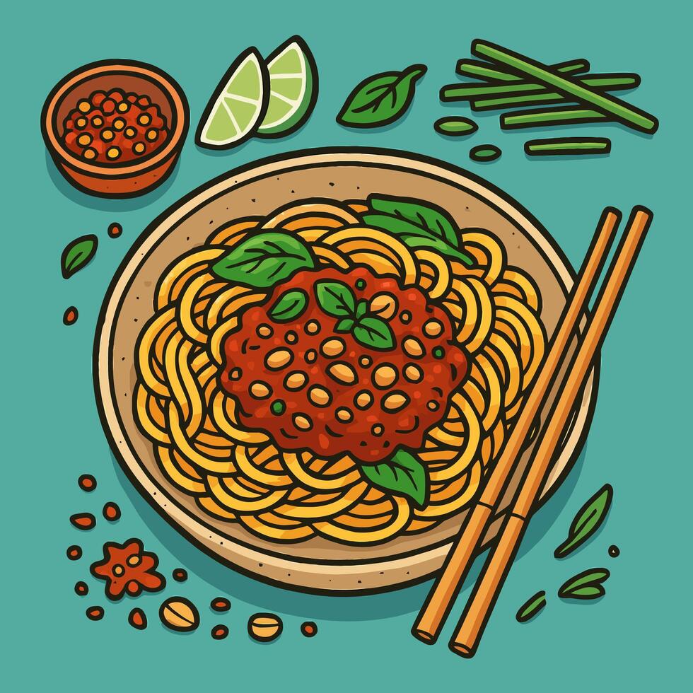 Serving of Noodles with Red Sauce and Herbs Cartoon Style vector