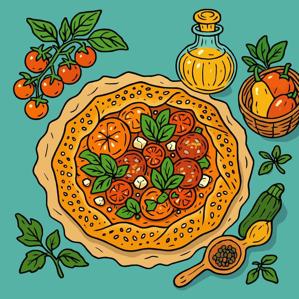 Tomato Tart with Basil and Olive Oil Fresh Cooking Illustration vector