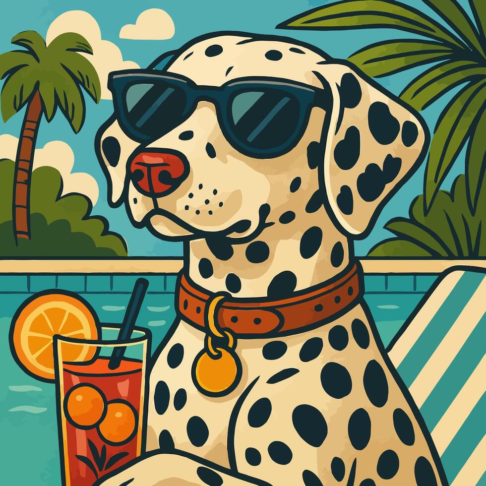 Dog Relaxing by Pool Wearing Sunglasses Cartoon Illustration Style vector