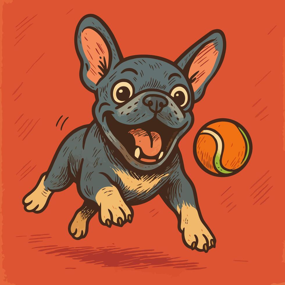 Dog Playing Fetch with Ball Cartoon Illustration on Orange Background vector