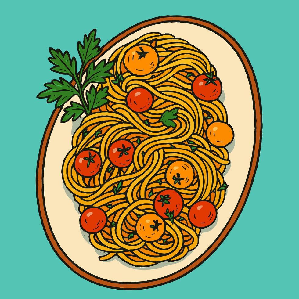 Spaghetti with Tomato on Plate Illustration Italian Food Overhead View vector