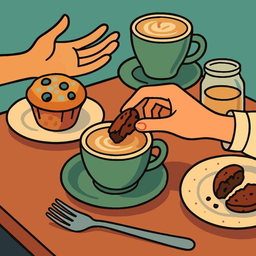 Enjoying Coffee Break with Muffin and Cookie Togetherness Illustration vector