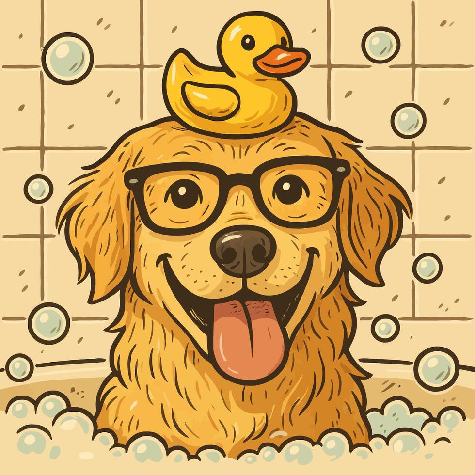 Cartoon Dog Bathing with Duck Toy on Head and Glasses vector