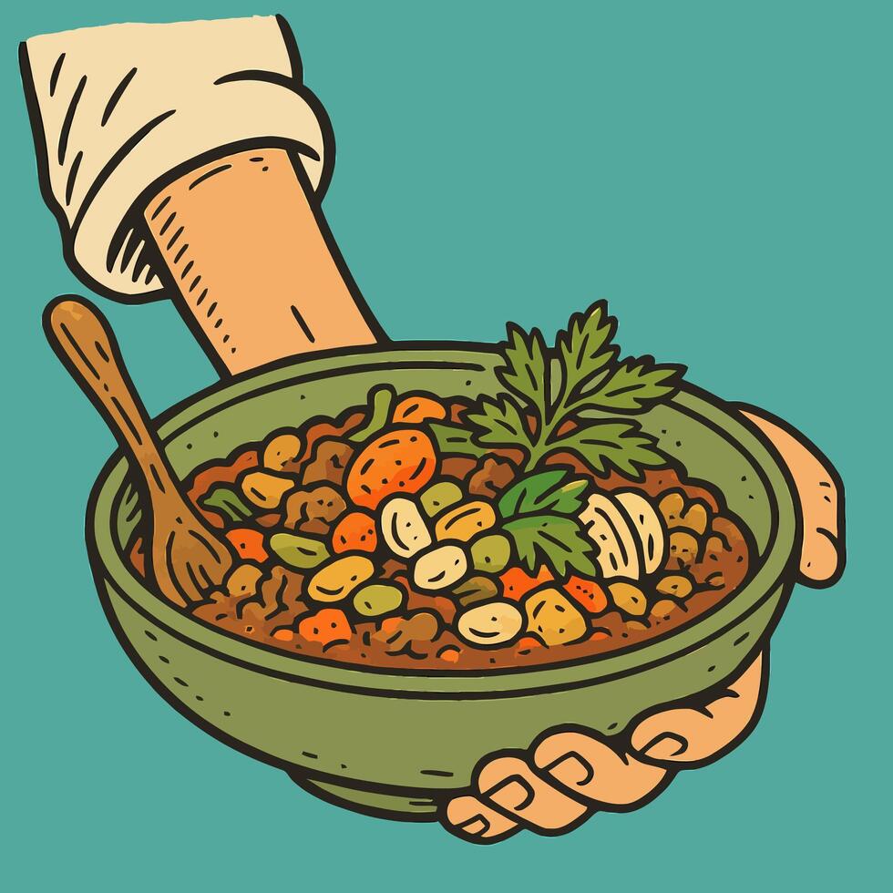 Holding Hearty Vegetable Stew in Bowl with Wooden Spoon Ready to Eat vector