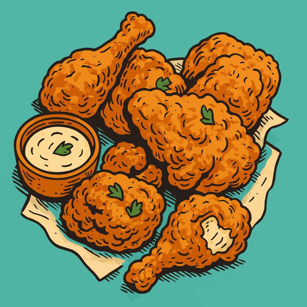 Crispy Fried Chicken Platter with Dip Cartoon Style Illustration vector