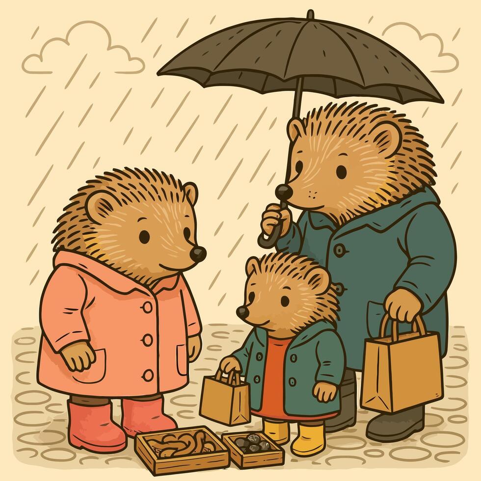 Hedgehog Family Shopping in the Rain with Umbrella and Groceries vector