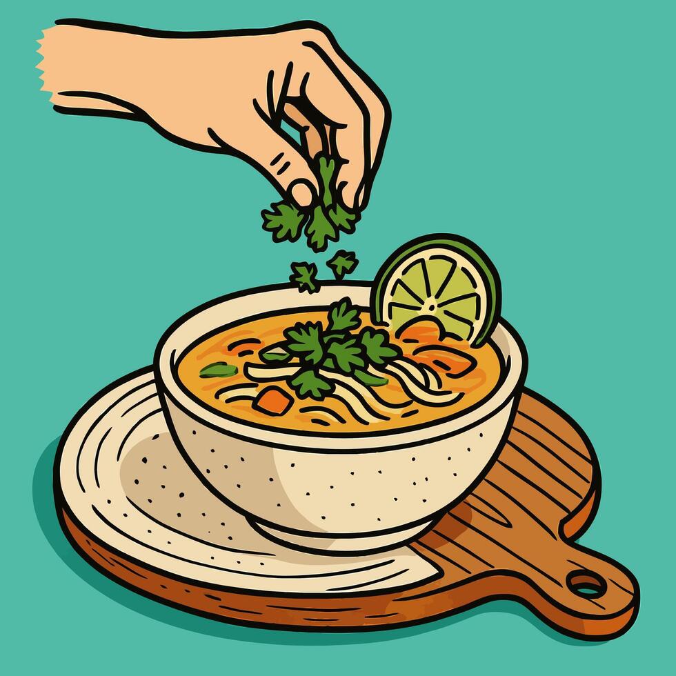 Adding Fresh Cilantro to a Bowl of Flavorful Noodle Soup vector