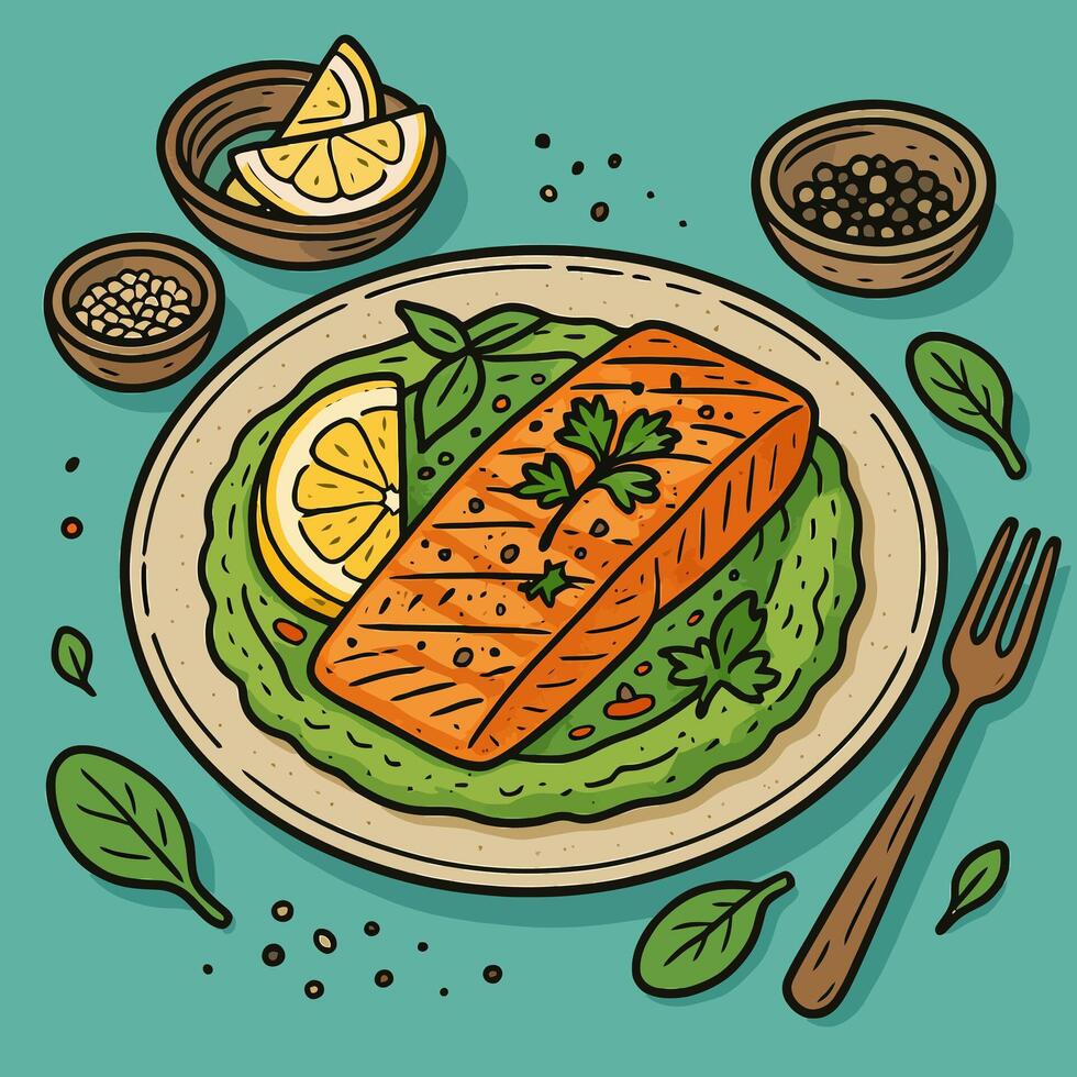 Grilled Salmon Dish with Lemon and Greens Fresh Healthy Meal vector