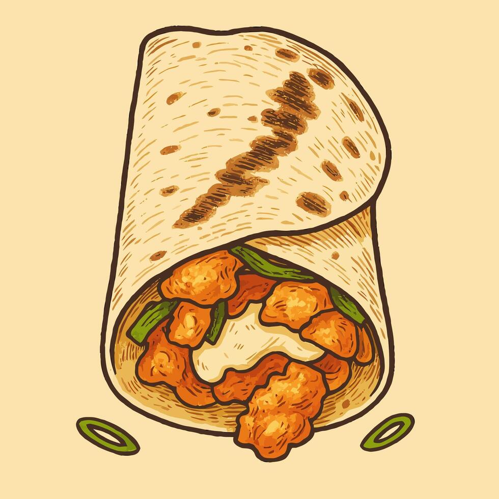 Chicken Burrito Illustration Delicious Wrap with Green Peppers and Cream vector