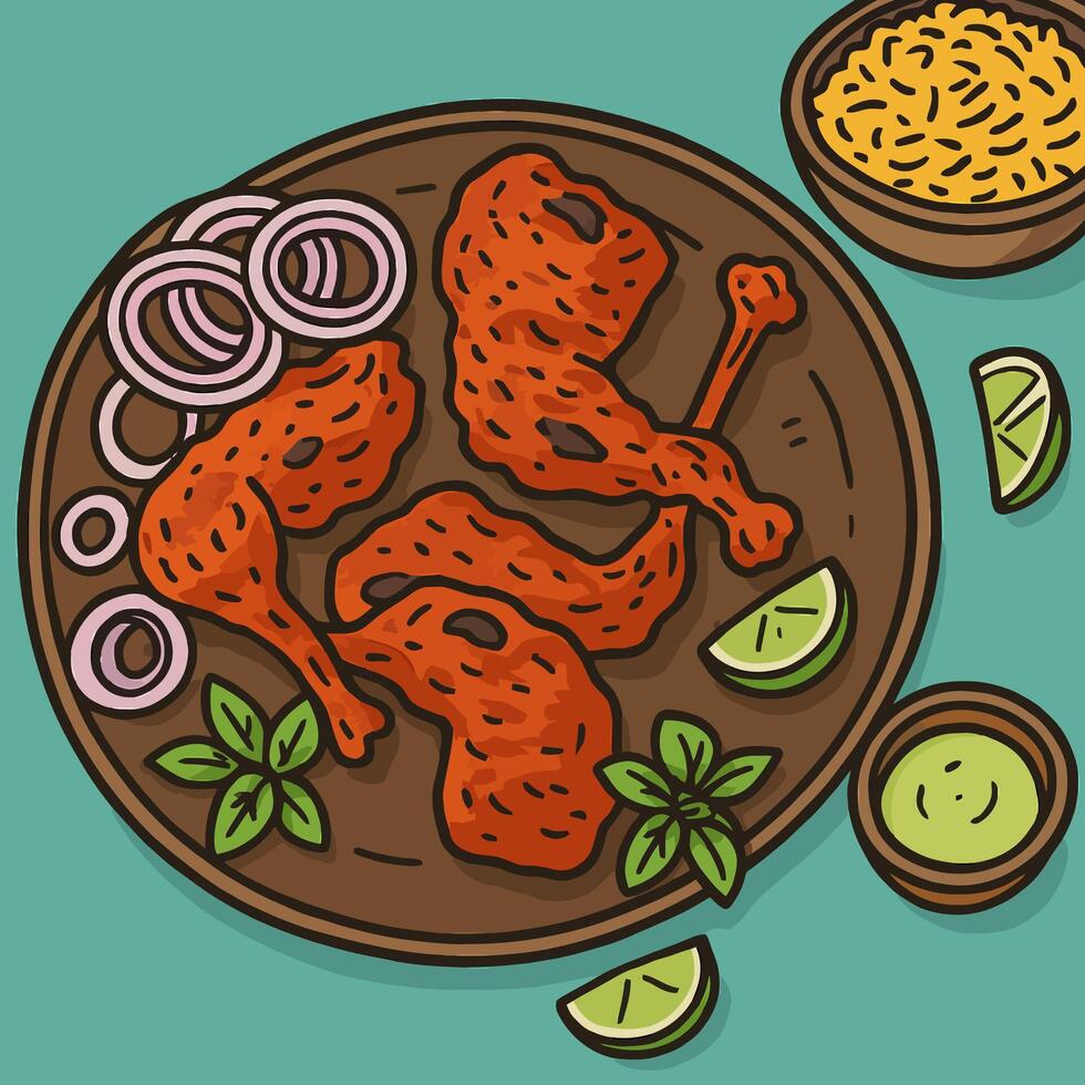 Serving of Chicken Drumsticks with Onion Slices and Lime Wedges vector