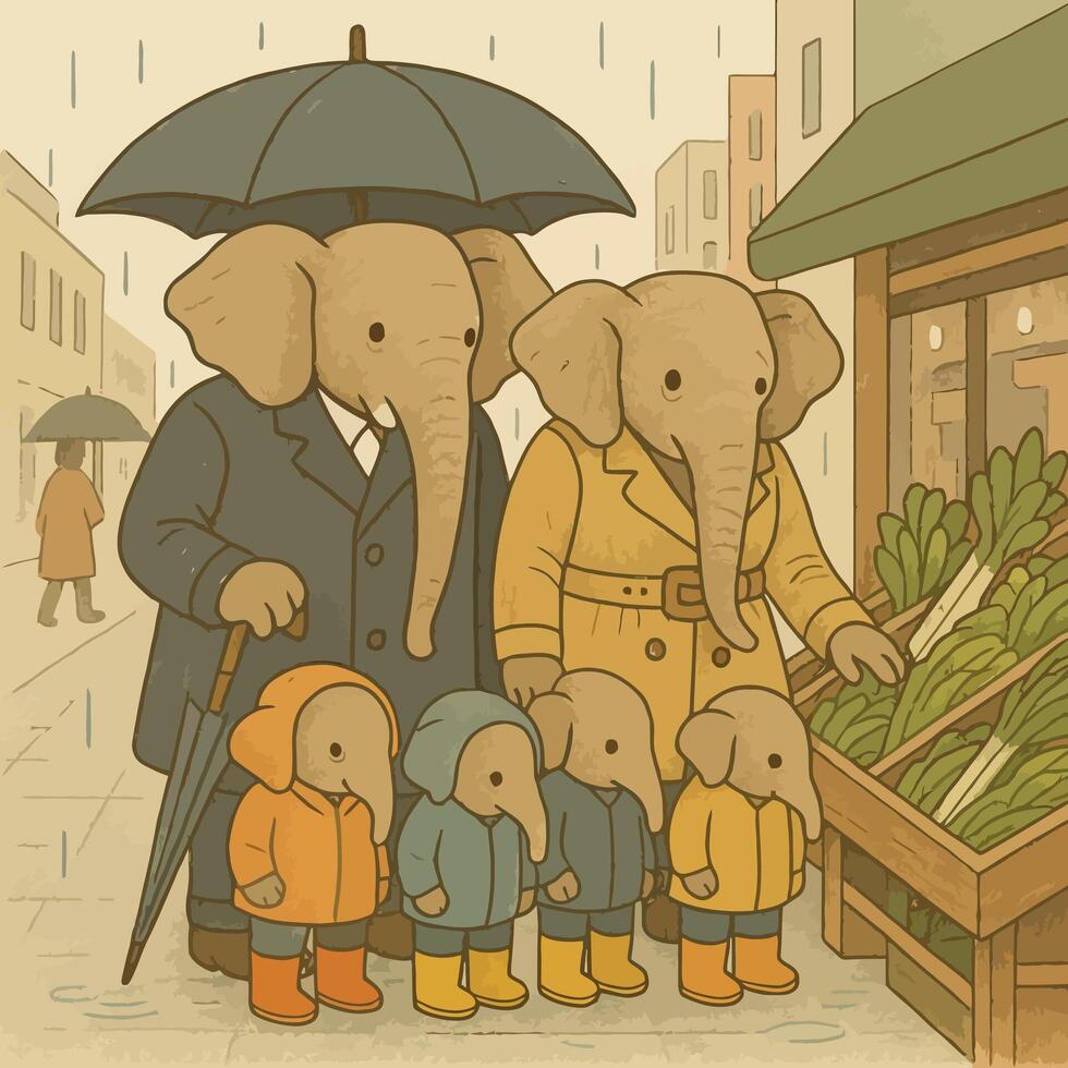Elephant Family Shopping for Greens at a Market Stall in Rain vector
