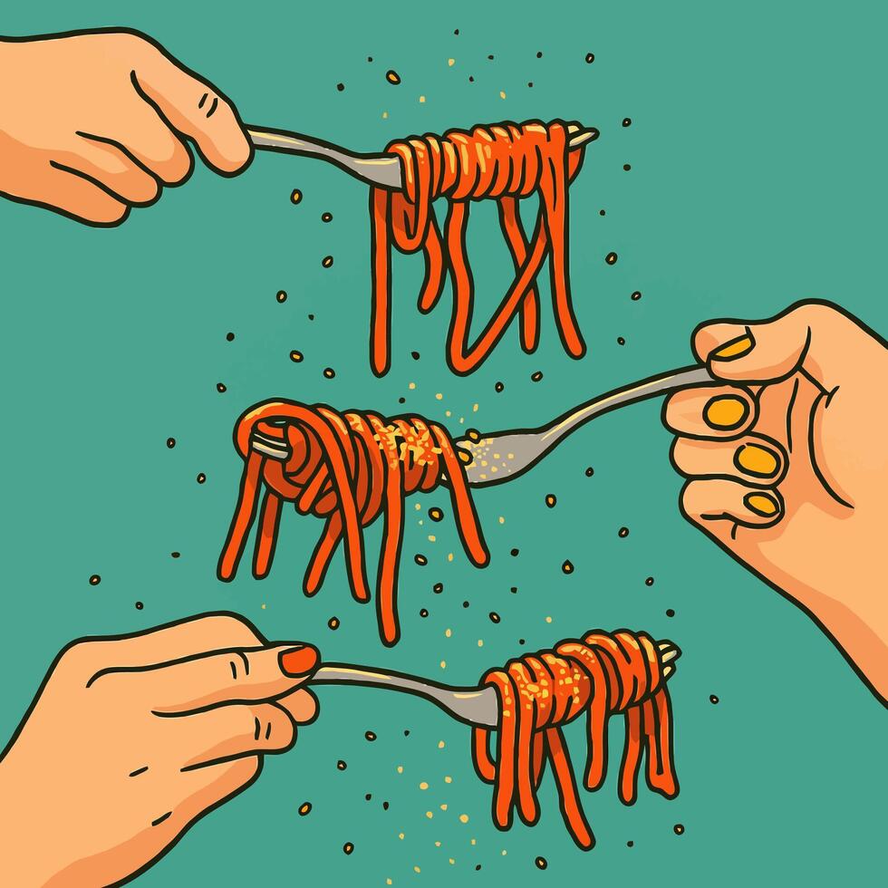 Serving Delicious Pasta on Forks with Sprinkle Topping Illustration vector