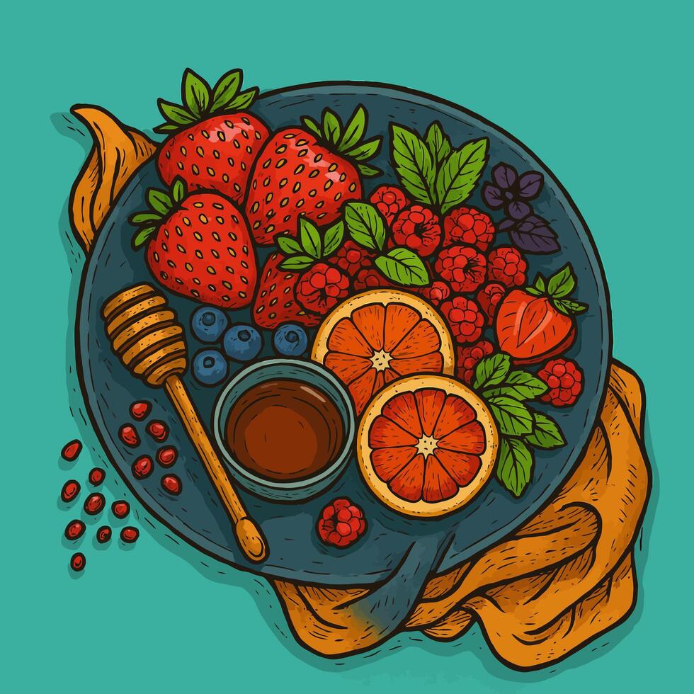 Assorted Fresh Fruits with Honey Illustration on a Plate vector