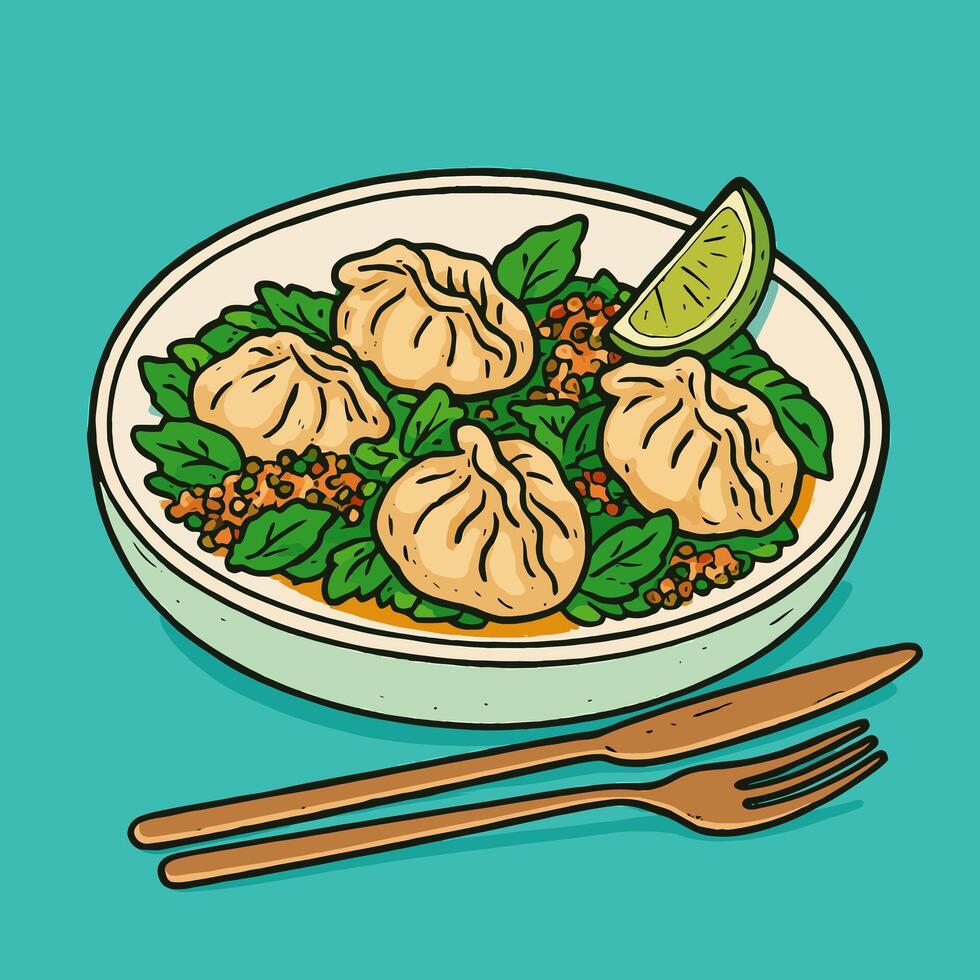 Delicious Dumplings Served with Fresh Greens and Lime Illustration vector
