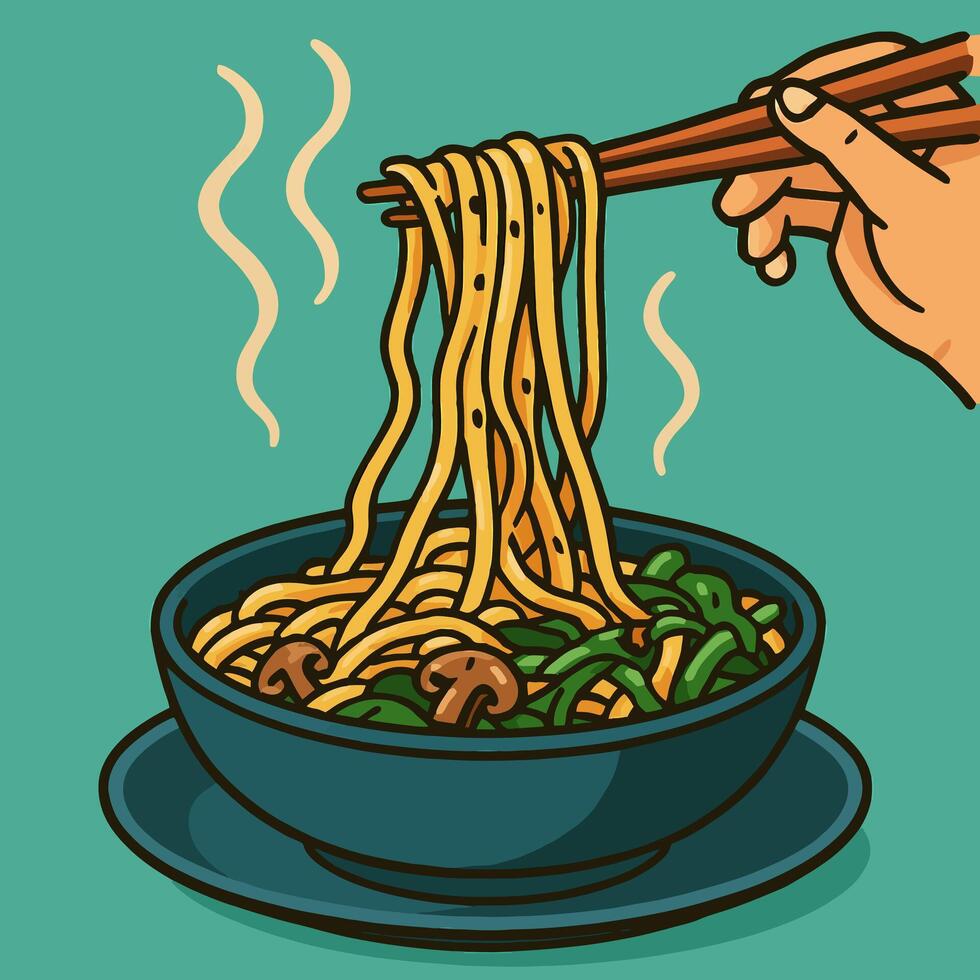 Eating Noodle Dish with Chopsticks Bowl of Hot Steaming Noodles vector