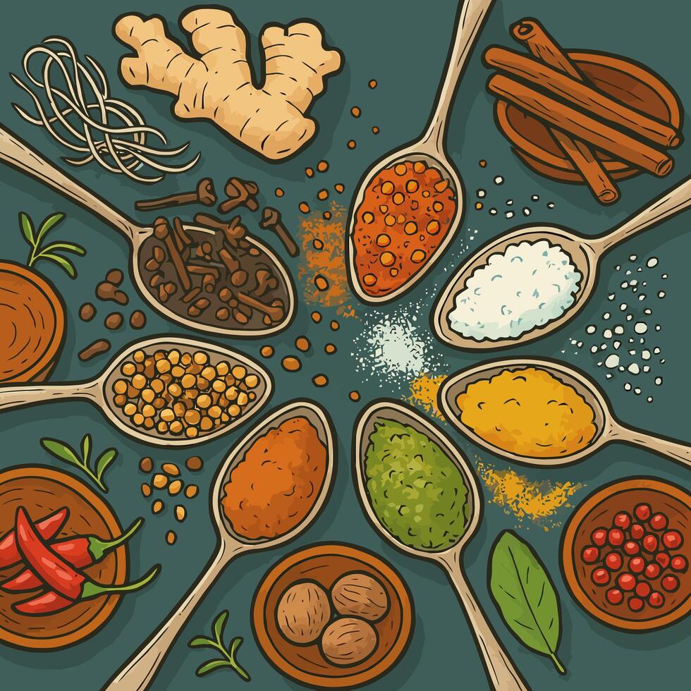 Assorted Spices in Spoons and Bowls Culinary Ingredients Concept vector