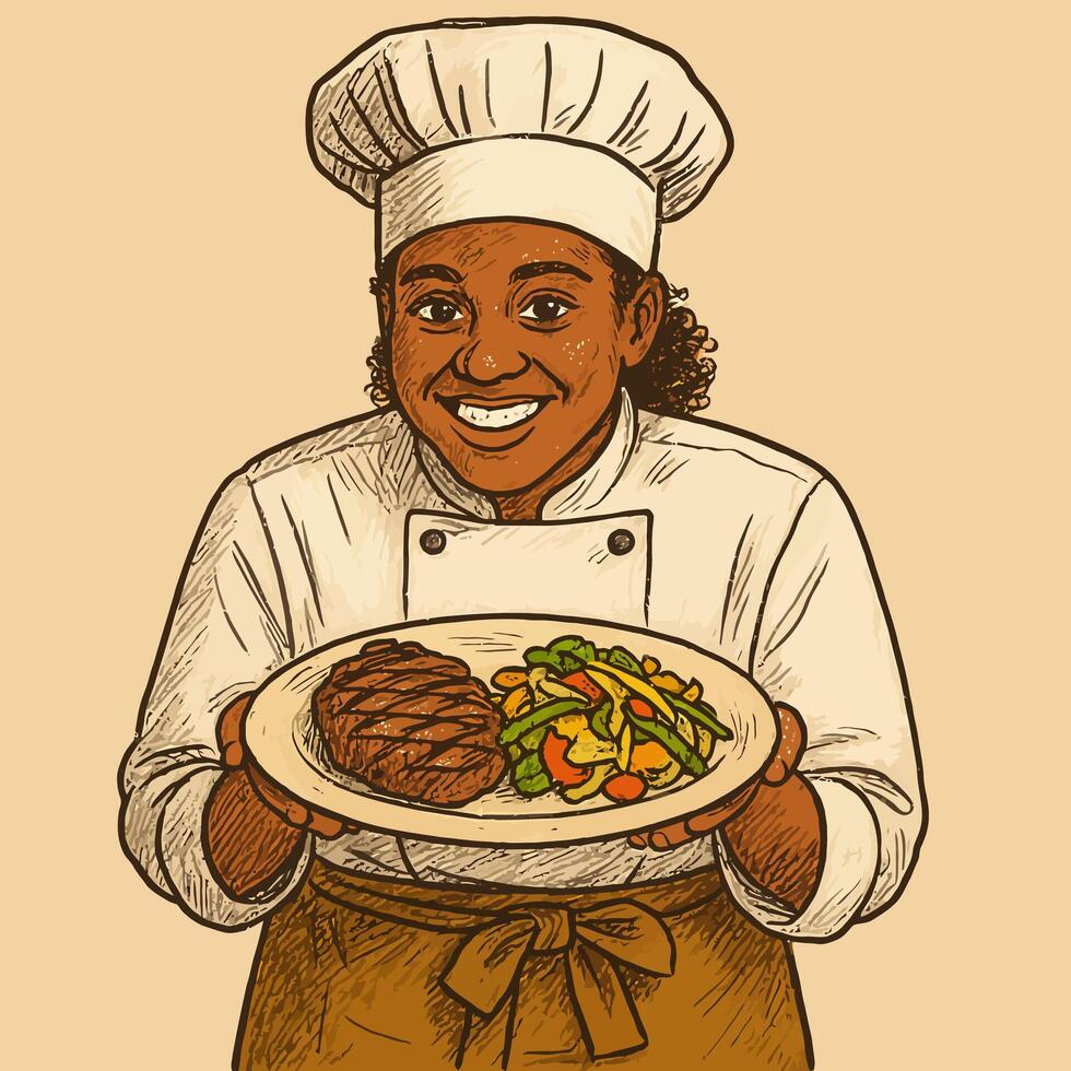 Chef Presenting Steak Dinner with Vegetable Salad on Plate vector