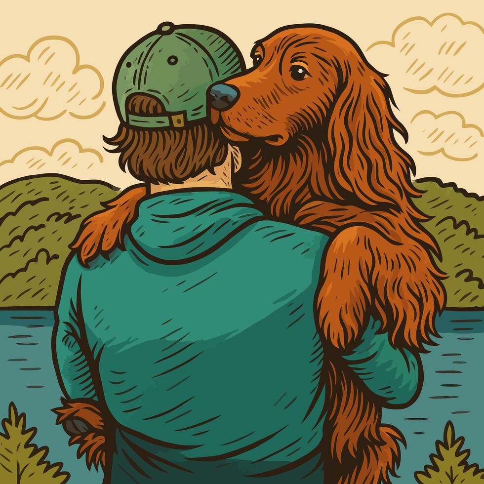 Man Hugging Dog at Lake Enjoying Nature Together Illustration vector