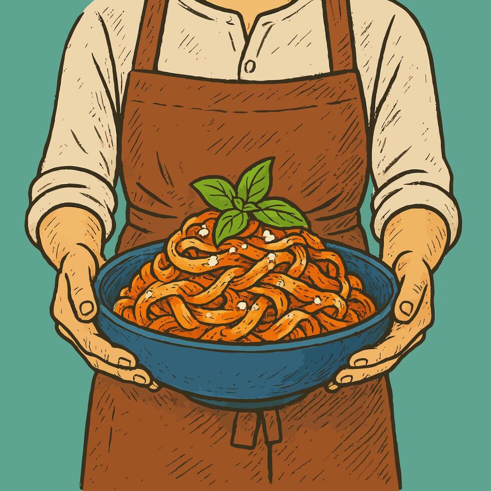 Serving Bowl of Pasta with Fresh Basil in Hand Drawn Style vector