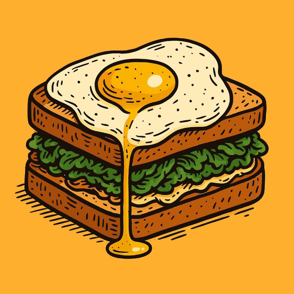 Sandwich with Fried Egg and Greenery Drizzling Yolk Over Stack vector