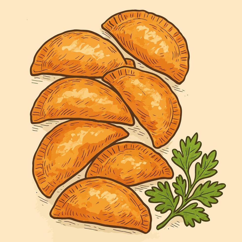 Serving of Freshly Made Empanadas with Parsley Garnish Illustration vector