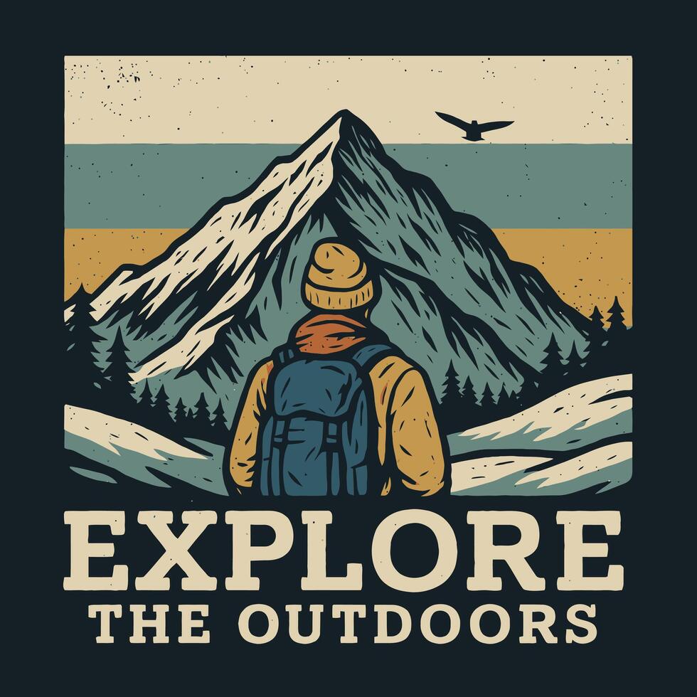 Hiking Person Admiring Mountain Scenery and Bird Flight Illustration vector