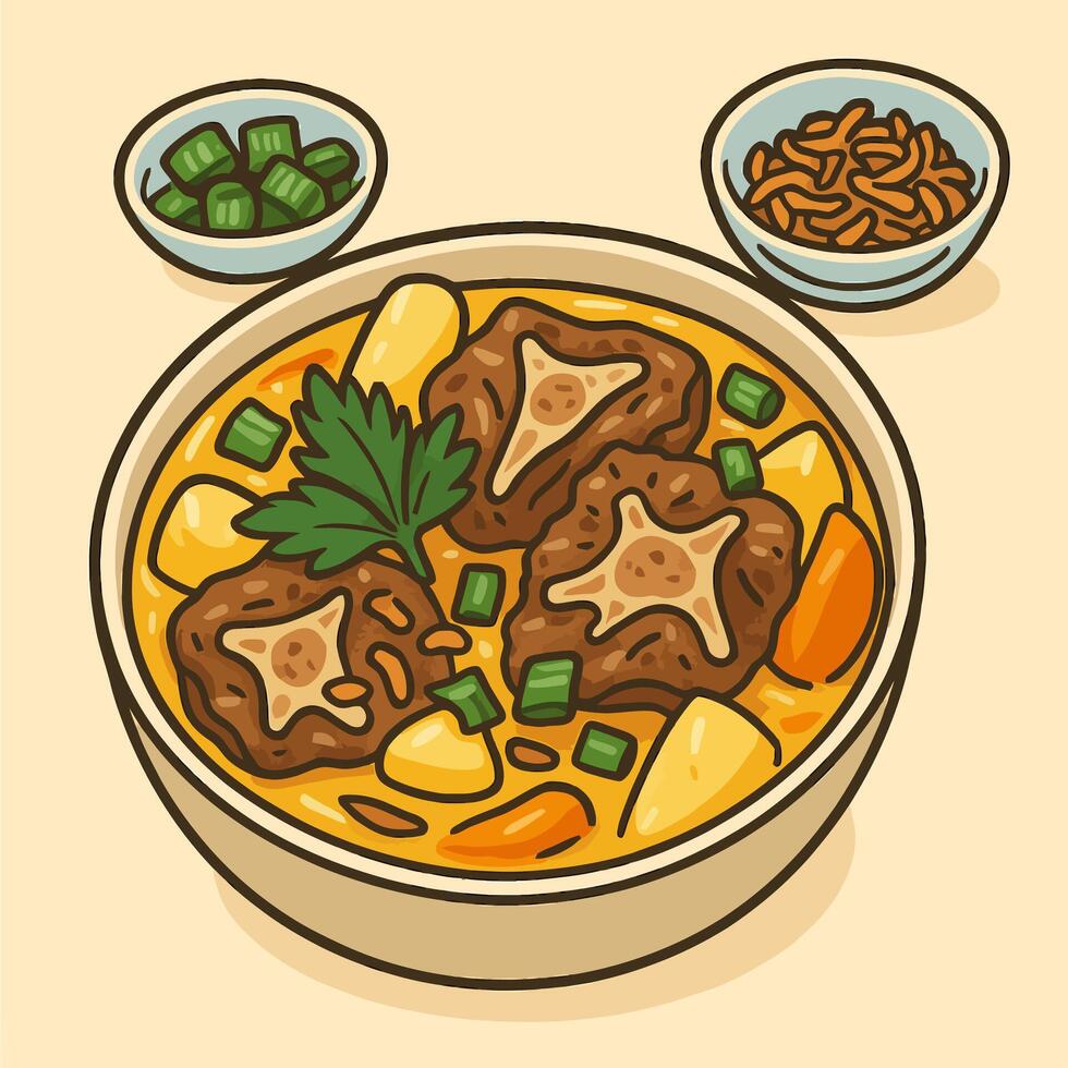 Serving Oxtail Stew in Bowl with Vegetables and Herbs Cartoon vector