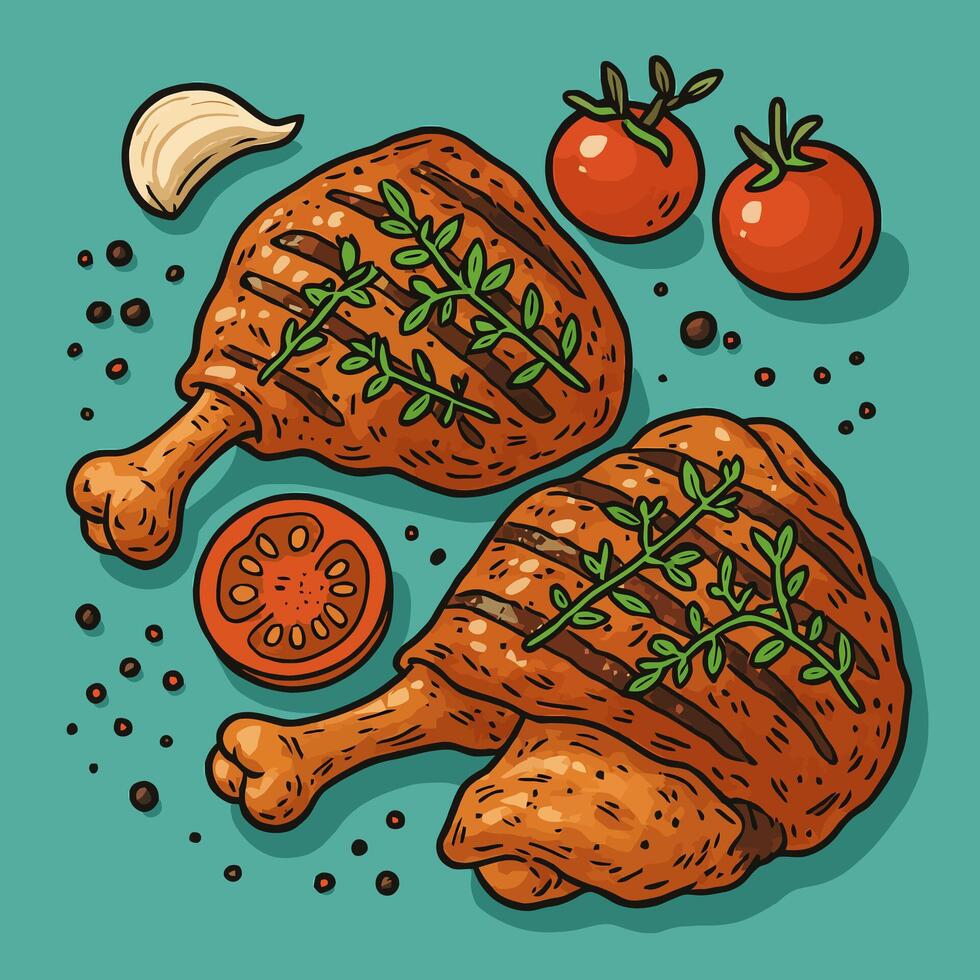 Grilled Chicken Leg with Tomatoes and Garlic on Turquoise Background vector